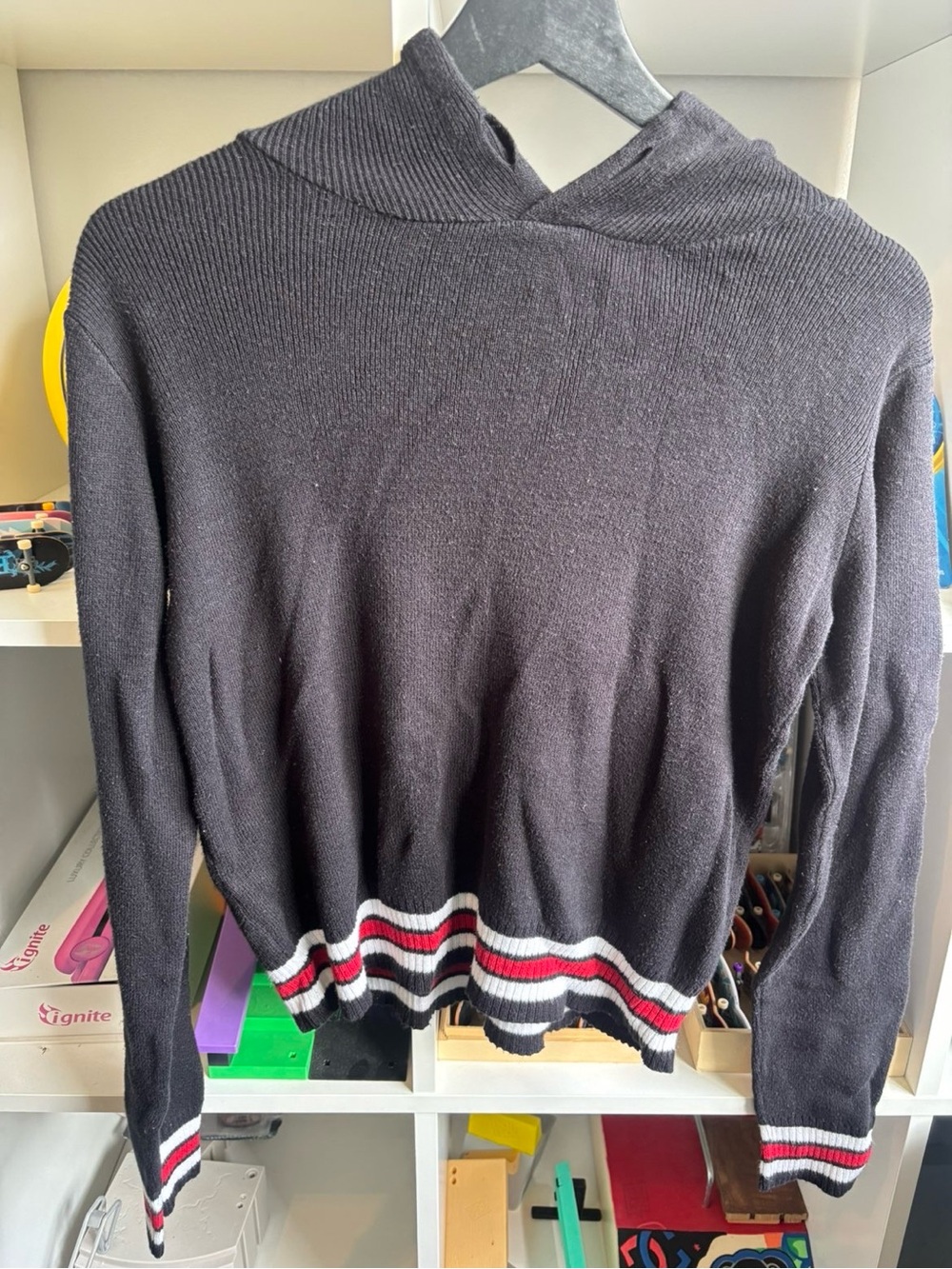 Black garage Hooded Sweater with red and white striped hem